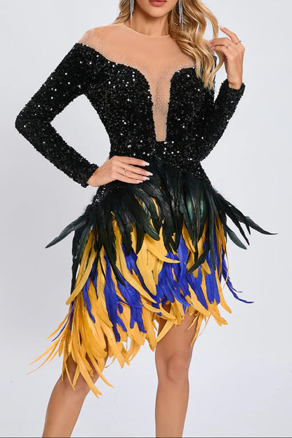 feather embellished sequin mini dress in black