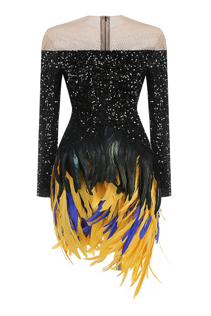 feather embellished sequin mini dress in black