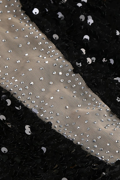feather embellished sequin mini dress in black