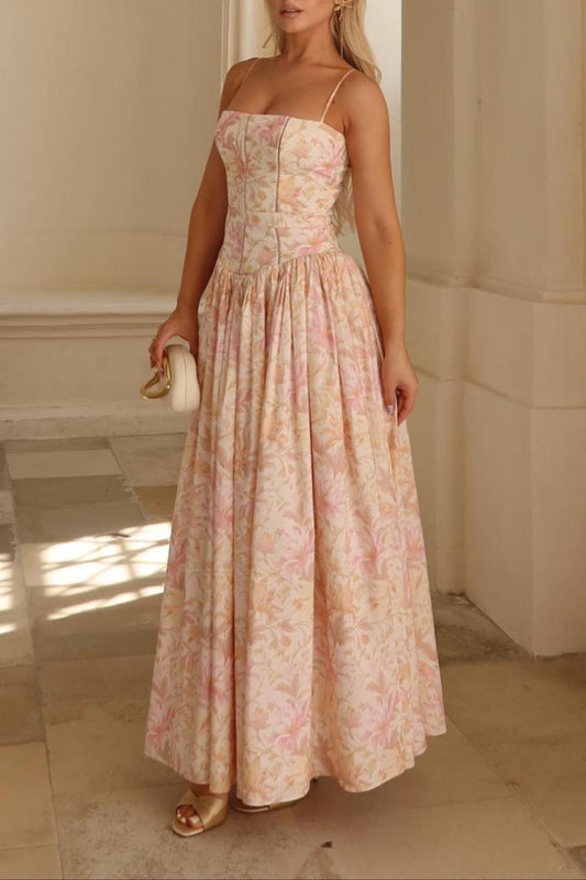 Helen Floral Stretch Cotton Midi Dress - Peach