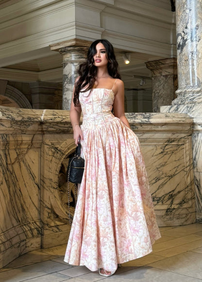 Helen Floral Stretch Cotton Midi Dress - Peach