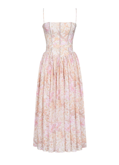 Helen Floral Stretch Cotton Midi Dress - Peach