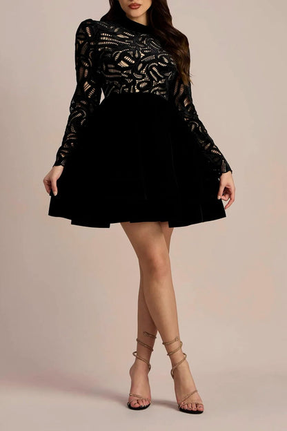 SETLLA LONG SLEEVE HOLLOW VELVET MINI DRESS