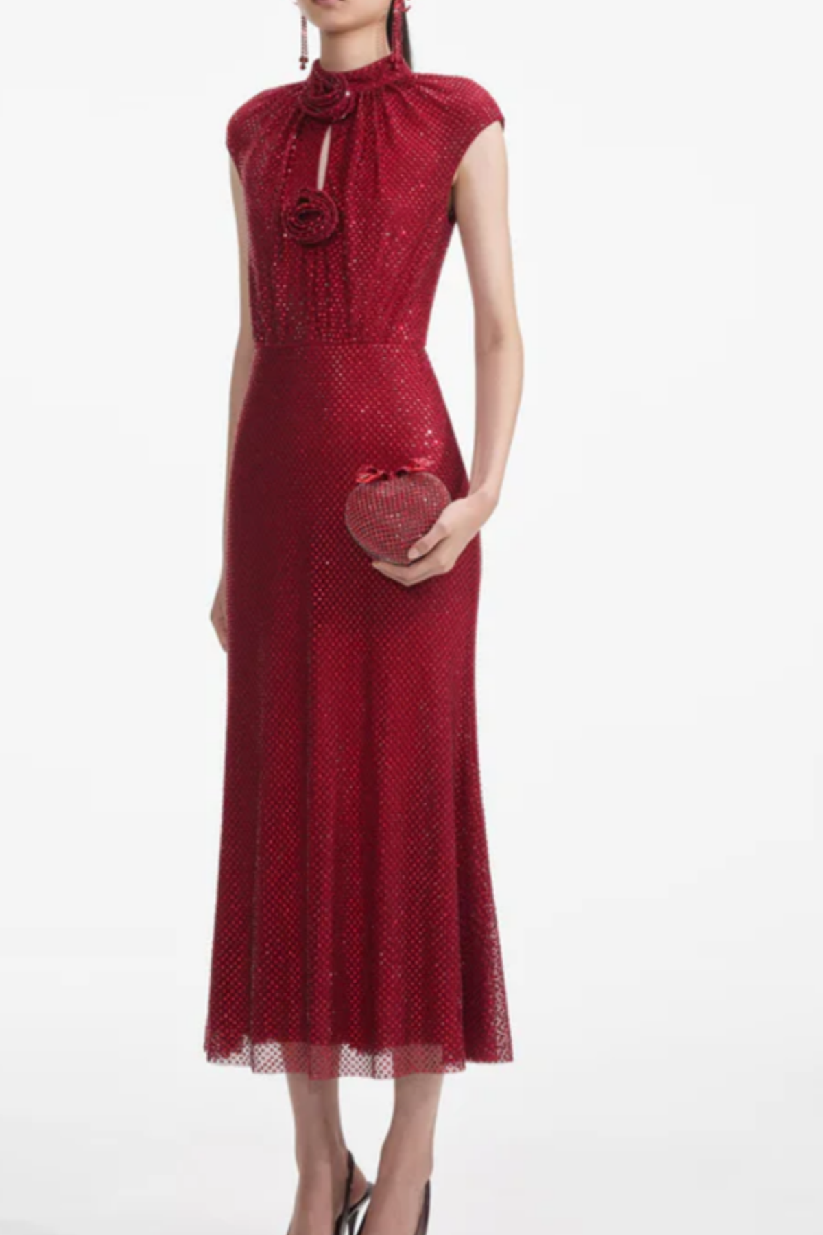 Sharrie Flower Rhinestone Embellished Fishnet Midi Dress