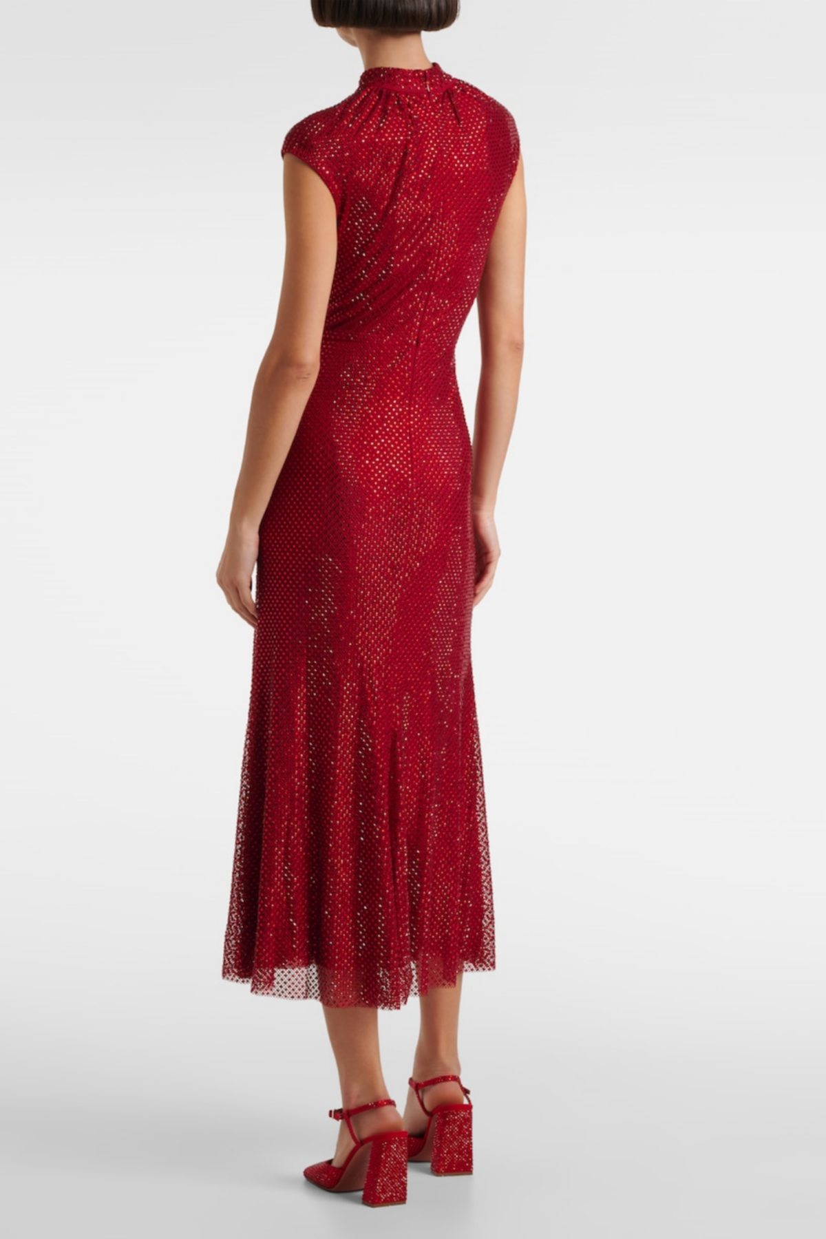 Sharrie Flower Rhinestone Embellished Fishnet Midi Dress