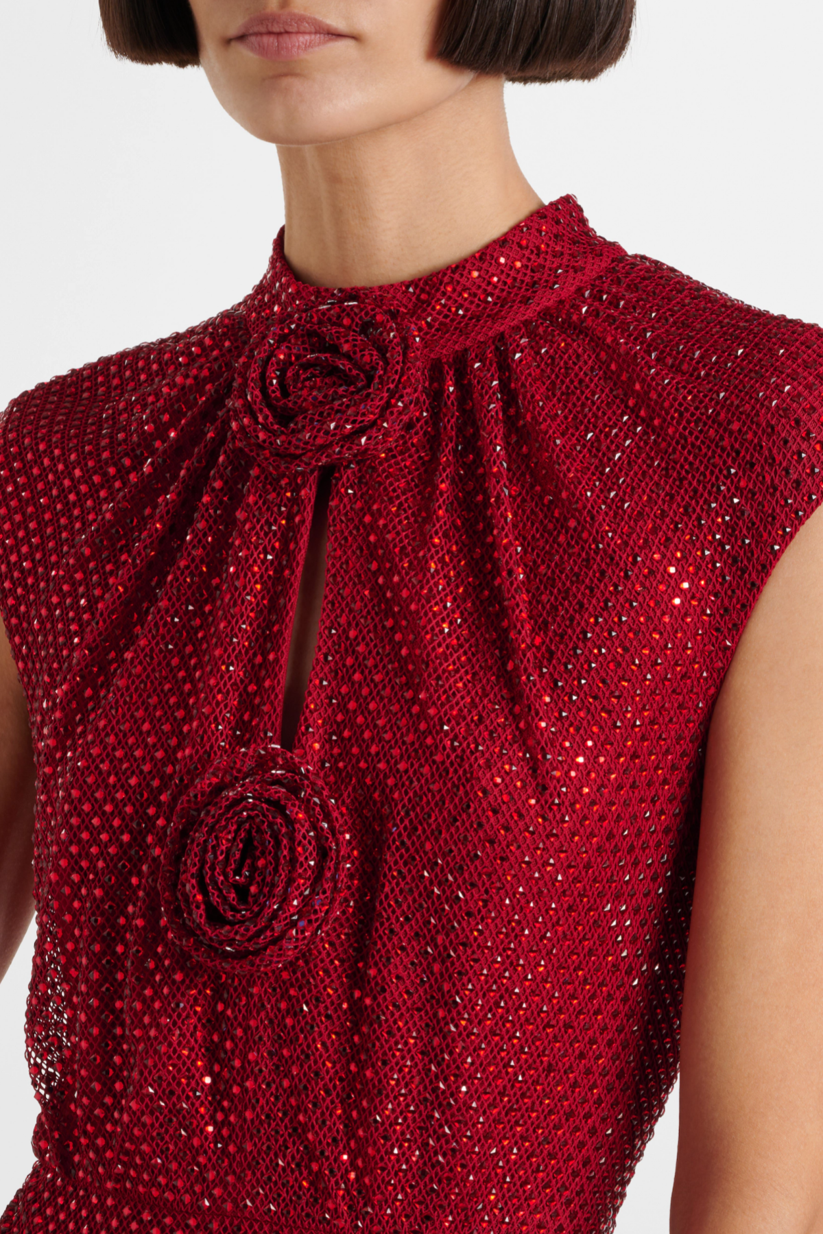Sharrie Flower Rhinestone Embellished Fishnet Midi Dress