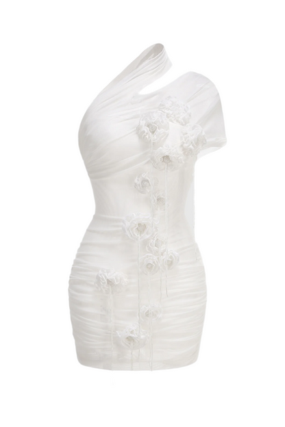 One Shoulder Floral Mesh Ruched Mini Dress