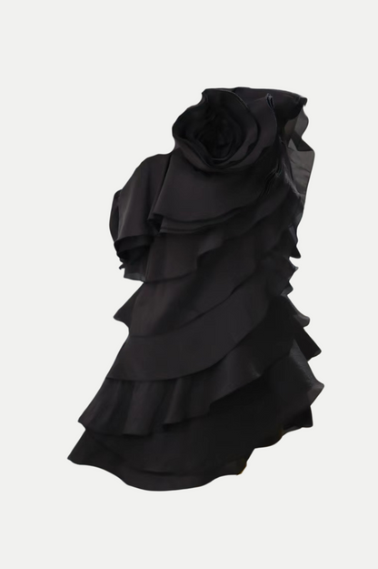Shelyn Flower One Shoulder Ruffle Mini Dress - Black