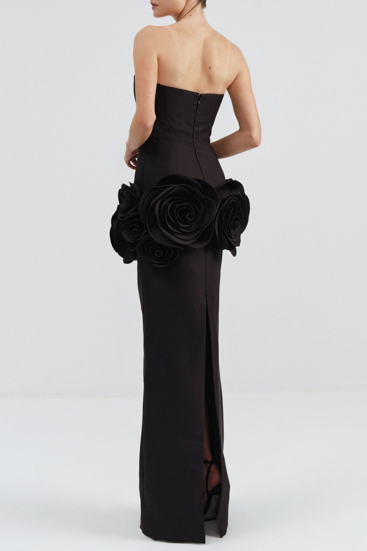 Floral Appliqué Strapless Maxi Bandage Dress - Black