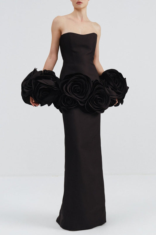 Floral Appliqué Strapless Maxi Bandage Dress - Black