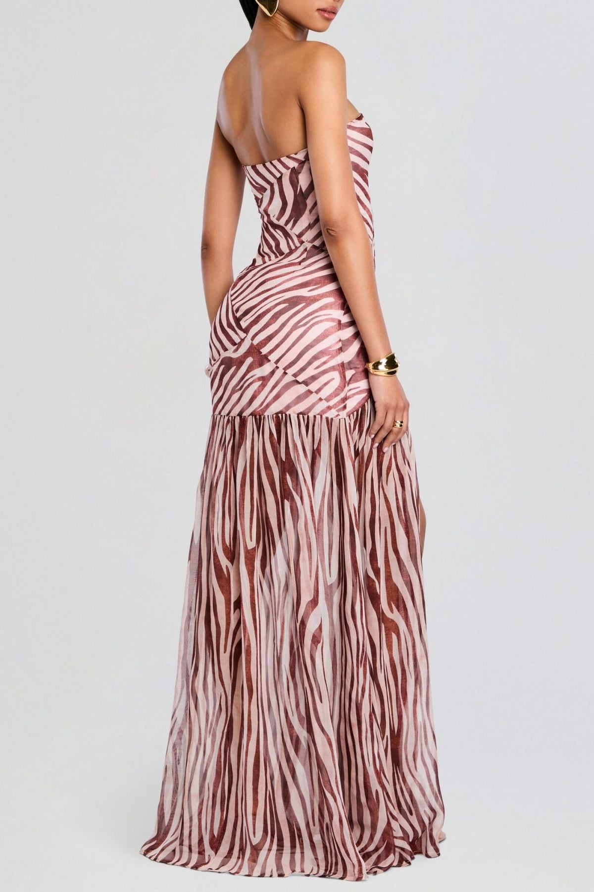 Shmaka Zebra Print Strapless Slit Maxi Dress