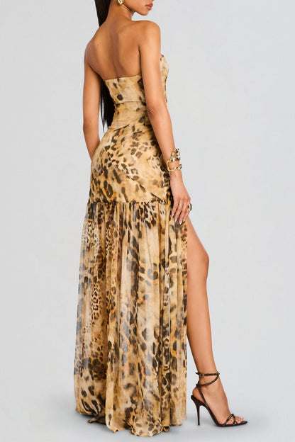 Shmaka Leopard Print Strapless Slit Maxi Dress