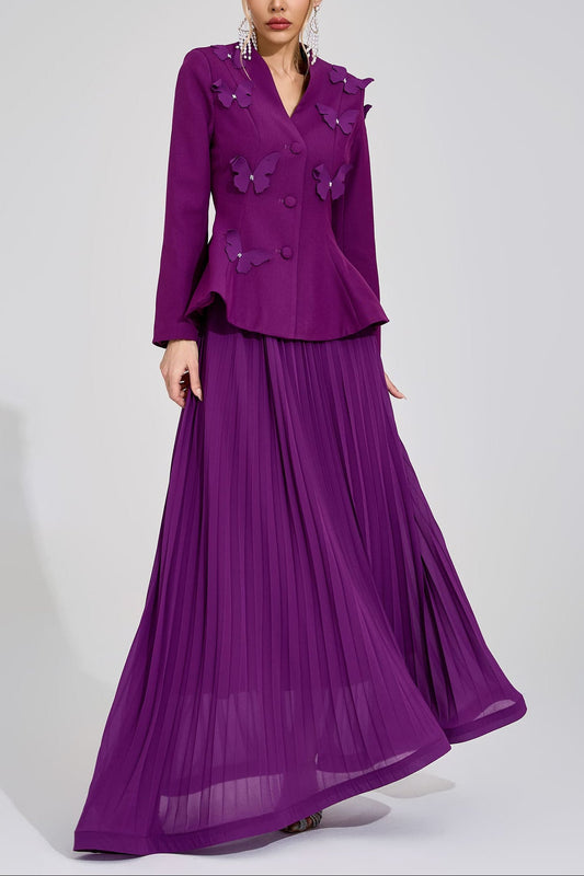 sabrina floral Embroidered coat maxi skirt set - purple