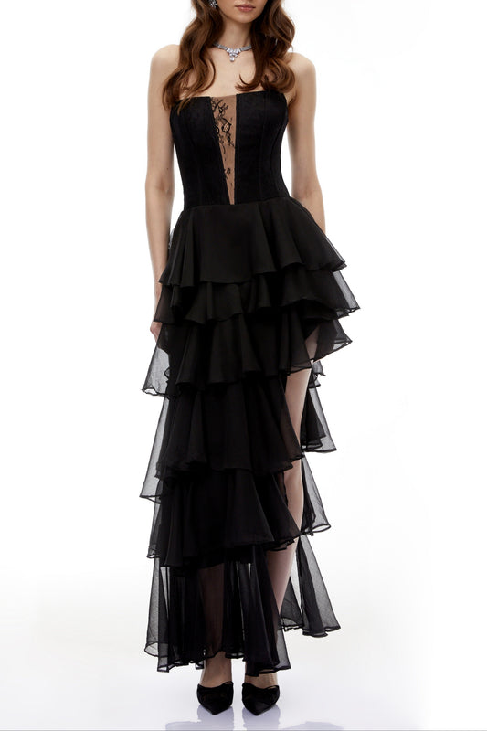 sophia Cut-Out Tulle layer strapless Maxi Dress in Black