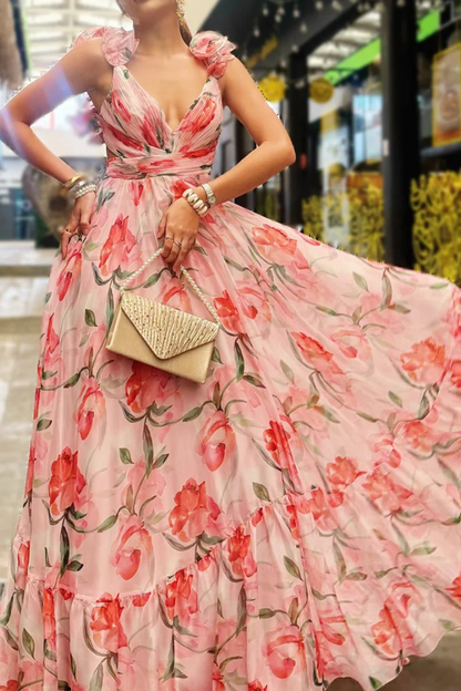 Floral Print Ruffled Backless Maxi Dress in Pink