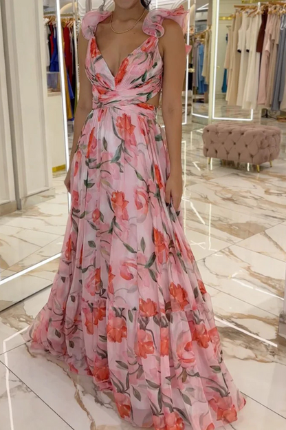 Floral Print Ruffled Backless Maxi Dress in Pink
