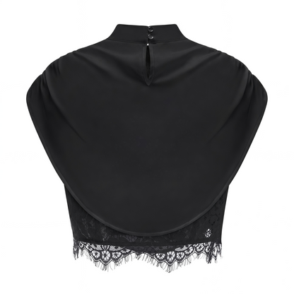 Black Satin Draped Sleeveless Crop Top Lace Corset Ruched Mini Skirt Two-Piece Set