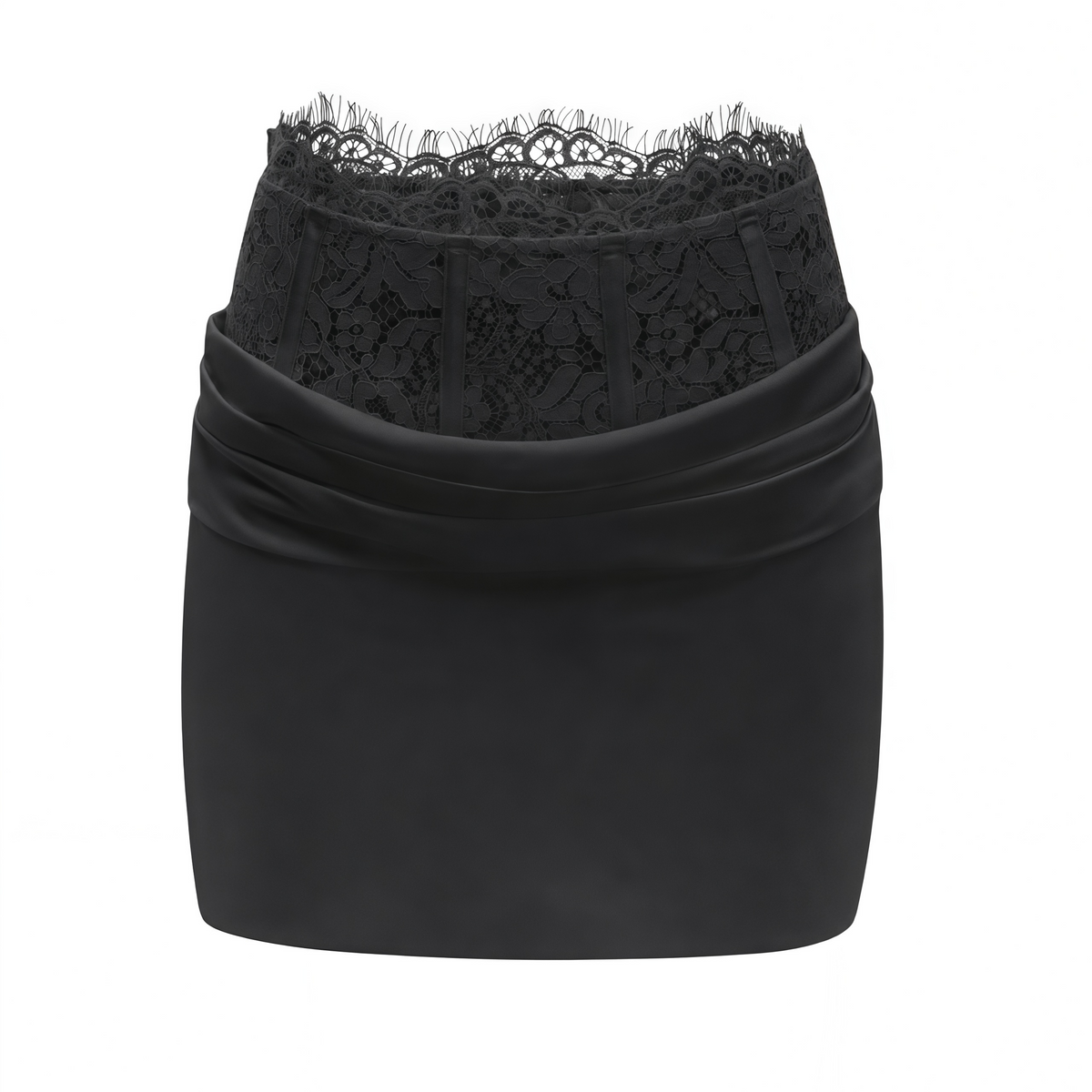 Black Satin Draped Sleeveless Crop Top Lace Corset Ruched Mini Skirt Two-Piece Set