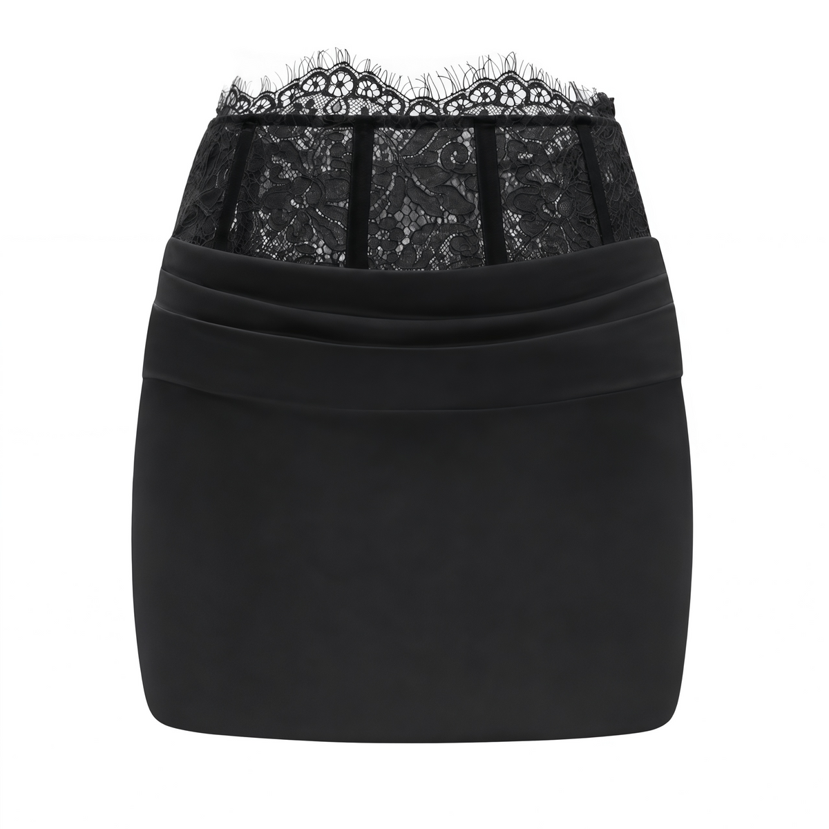 Black Satin Draped Sleeveless Crop Top Lace Corset Ruched Mini Skirt Two-Piece Set