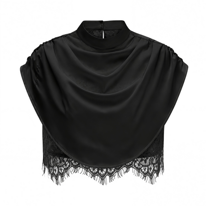 Black Satin Draped Sleeveless Crop Top Lace Corset Ruched Mini Skirt Two-Piece Set