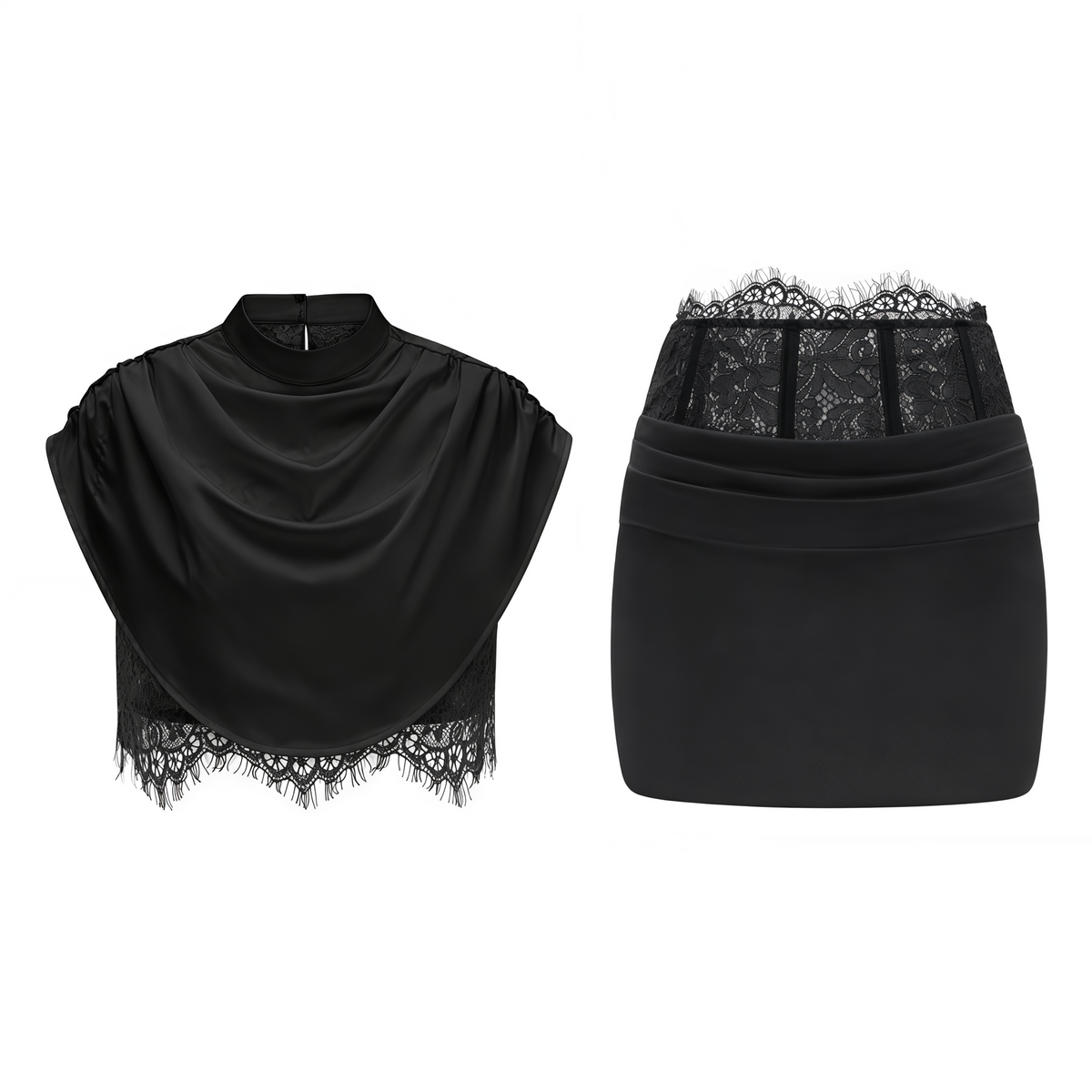 Black Satin Draped Sleeveless Crop Top Lace Corset Ruched Mini Skirt Two-Piece Set
