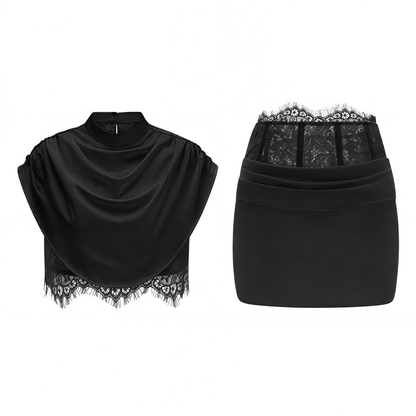 Black Satin Draped Sleeveless Crop Top Lace Corset Ruched Mini Skirt Two-Piece Set
