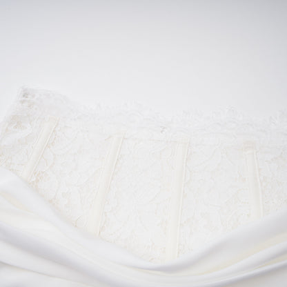 Ivory Draped Satin Sleeveless Crop Top Lace Corset Ruched Mini Skirt Two-Piece Set