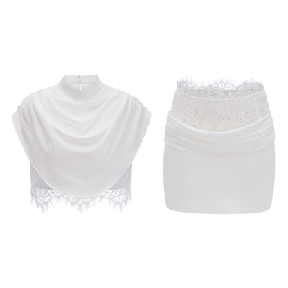 Ivory Draped Satin Sleeveless Crop Top Lace Corset Ruched Mini Skirt Two-Piece Set