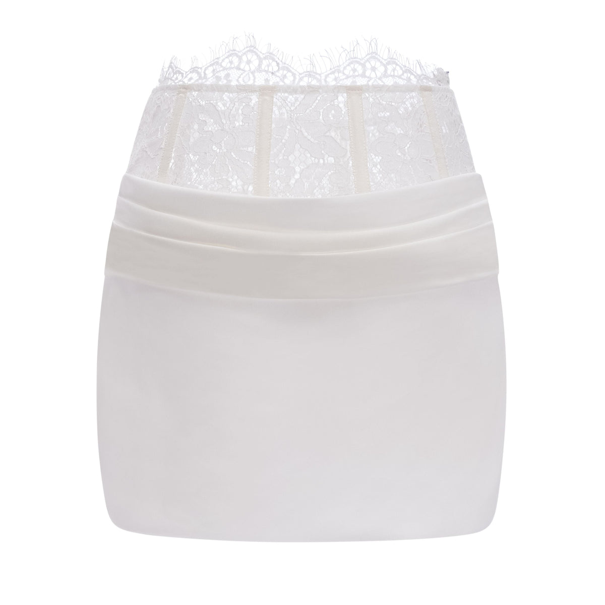 Ivory Draped Satin Sleeveless Crop Top Lace Corset Ruched Mini Skirt Two-Piece Set