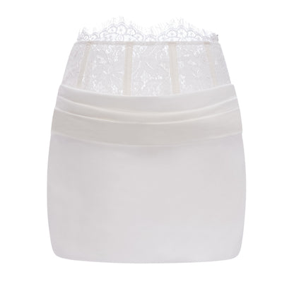 Ivory Draped Satin Sleeveless Crop Top Lace Corset Ruched Mini Skirt Two-Piece Set