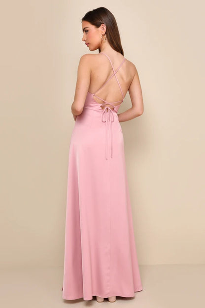 So Loving Pink Satin Pleated Lace-Up Backless Maxi Dress