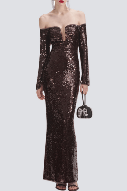 SOLVAY SEQUIN OFF SHOULDER MAXI DRESS
