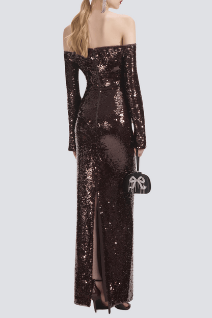 SOLVAY SEQUIN OFF SHOULDER MAXI DRESS