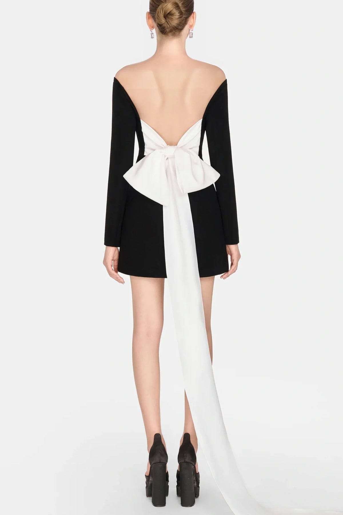 Off Shoulder Bow Embeliished Backless Mini Dress
