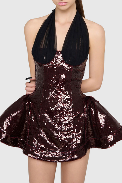 giselle sequin halter mini dress in merlot