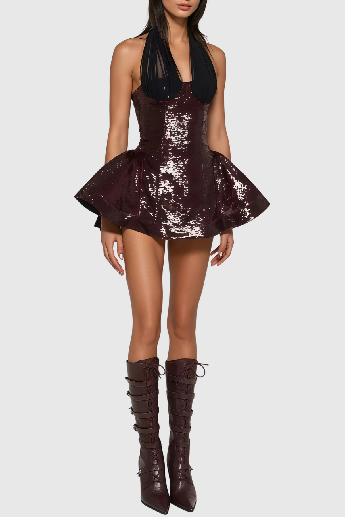 giselle sequin halter mini dress in merlot
