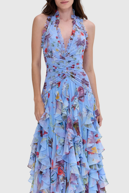 Floral Halter Ruffle Tulle Maxi Dress in Blue