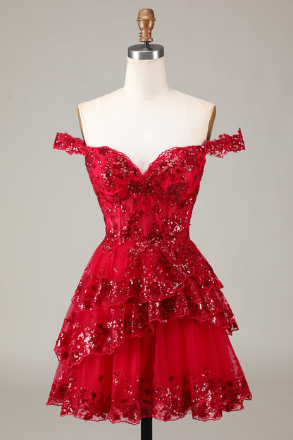 Sparkly Red A Line Off The Shoulder Corset Tiered Lace Short Homecoming Dress