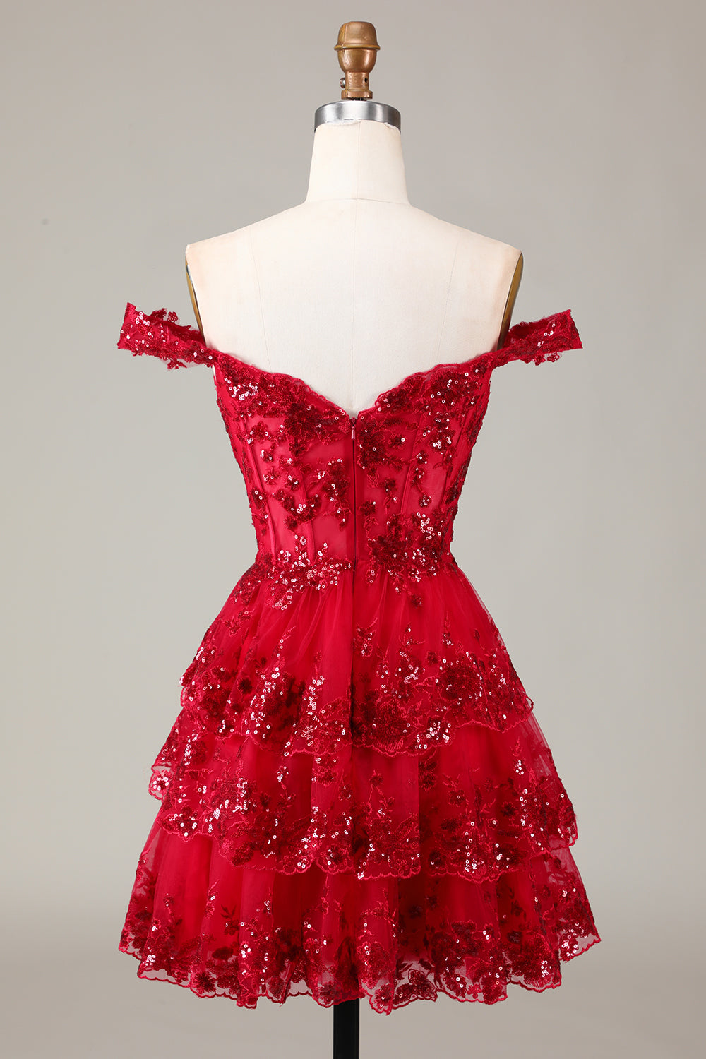 Sparkly Red A Line Off The Shoulder Corset Tiered Lace Short Homecoming Dress