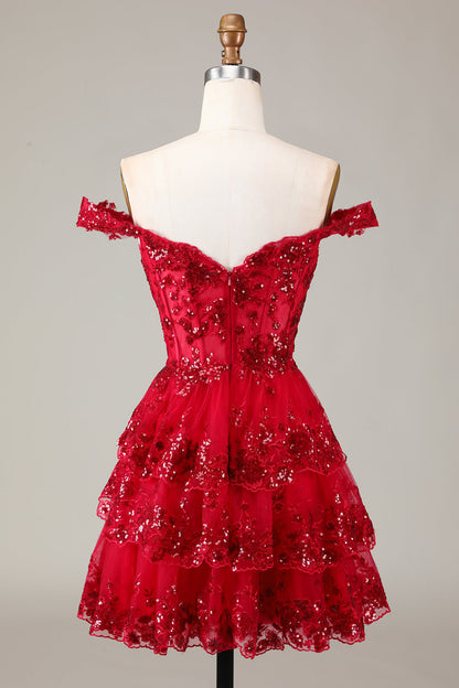 Sparkly Red A Line Off The Shoulder Corset Tiered Lace Short Homecoming Dress
