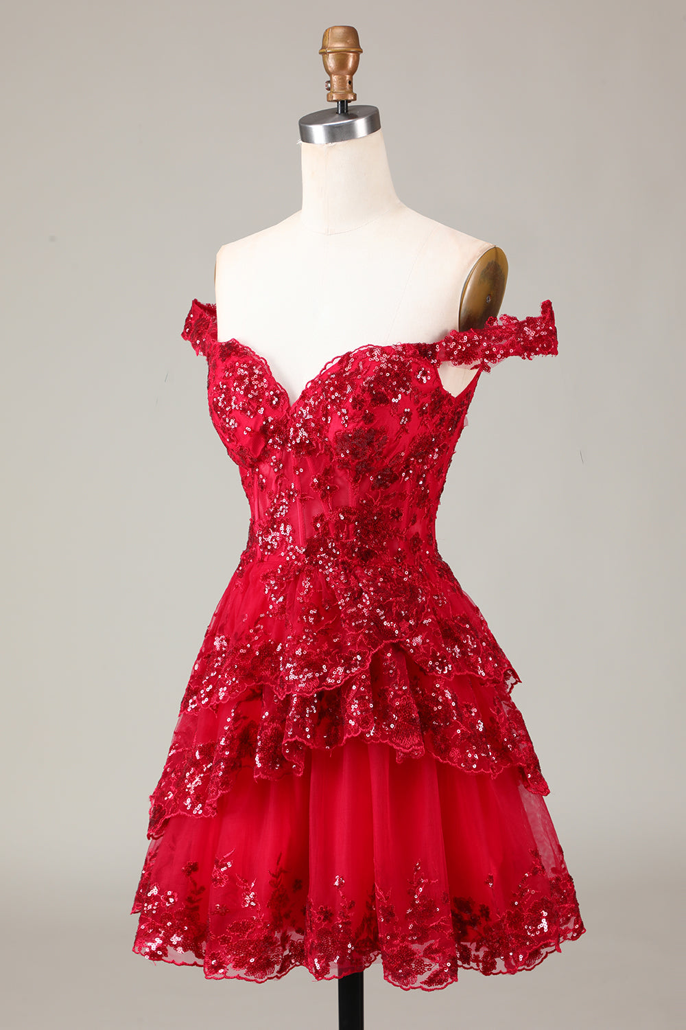 Sparkly Red A Line Off The Shoulder Corset Tiered Lace Short Homecoming Dress