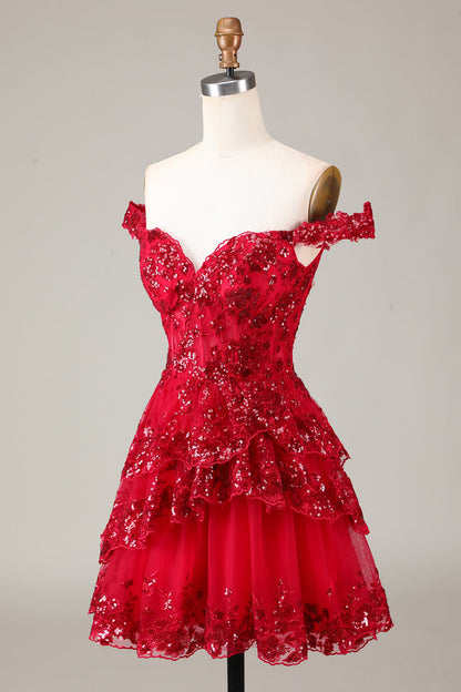 Sparkly Red A Line Off The Shoulder Corset Tiered Lace Short Homecoming Dress