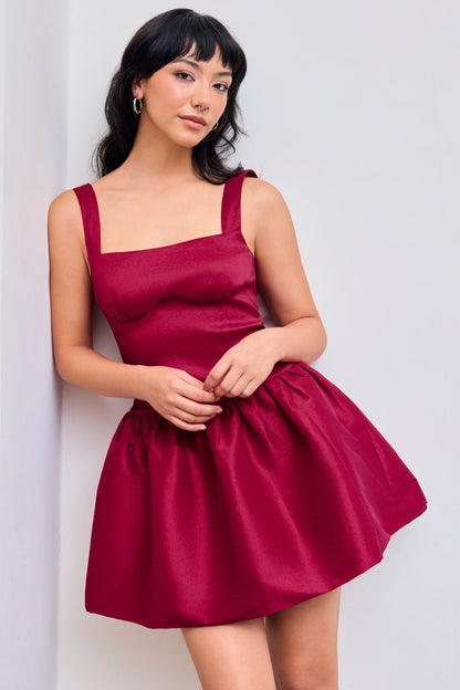 Square Neck Bowknot Zipper Mini Dress in red