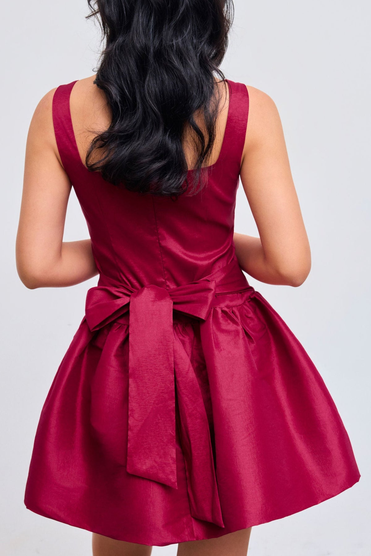 Square Neck Bowknot Zipper Mini Dress in red