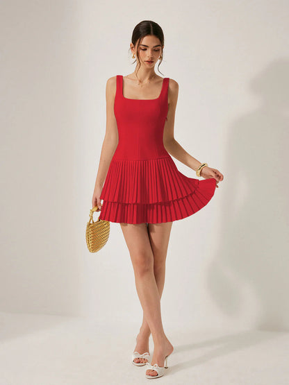 Square Neck Pleated layered mini Dress