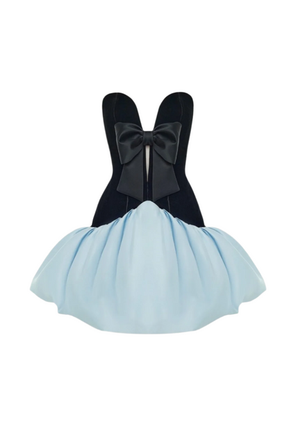 Stanski Strapless Velvet Bow Puffy Satin Mini Dress