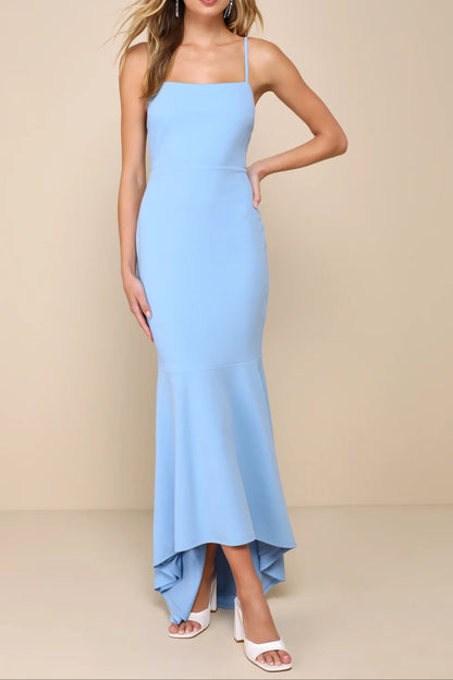 Stunning Enchantment Light Blue Backless Trumpet Hem Maxi Dress