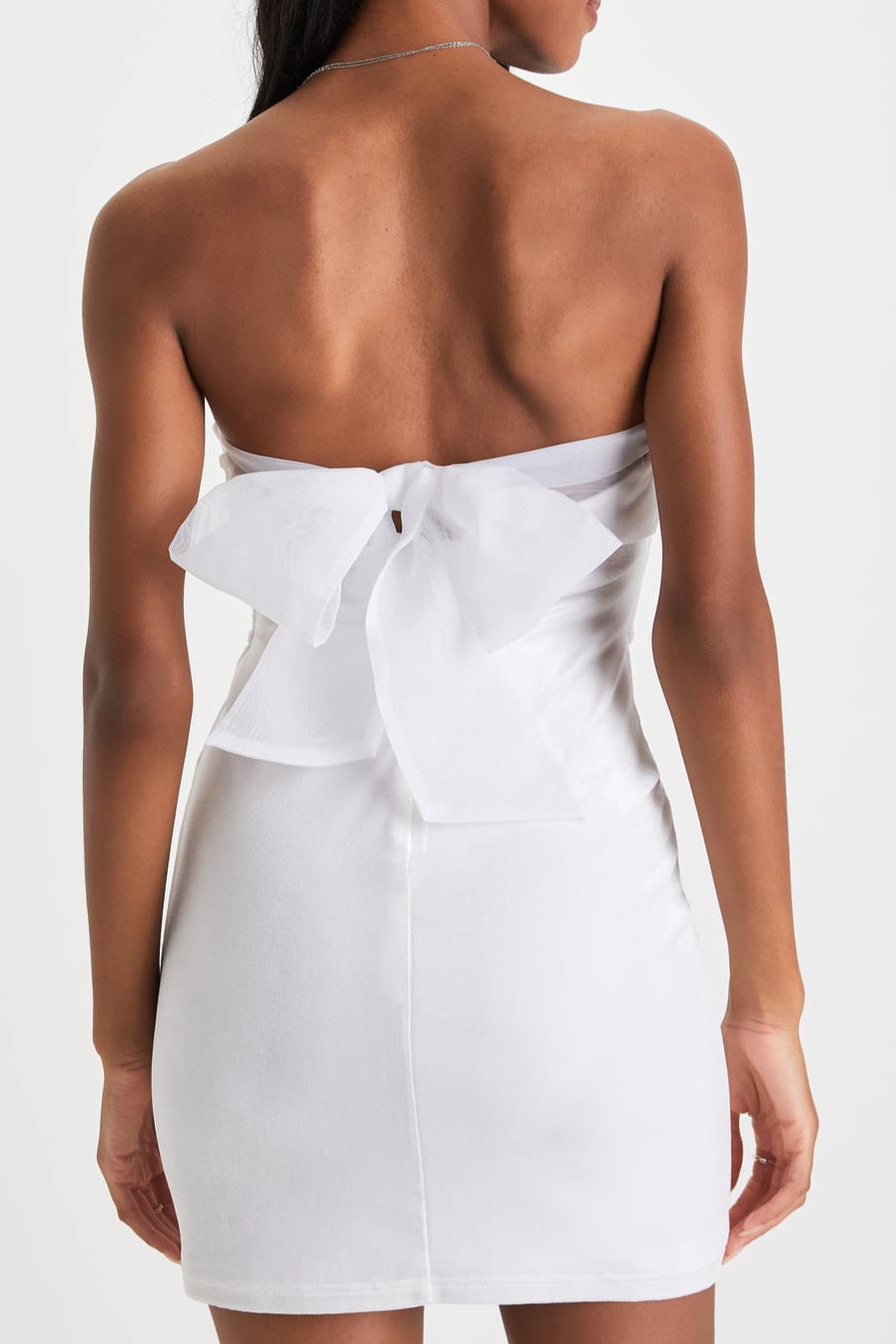 Stunning Situation White Velvet Strapless Organza Bow Mini Dress