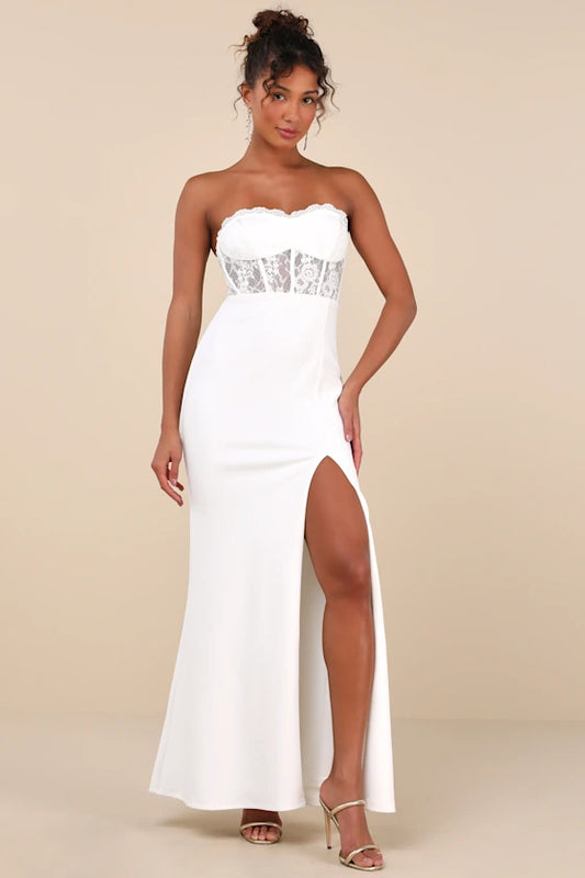 Sultry Persona White Lace Strapless Bustier Mermaid Maxi Dress