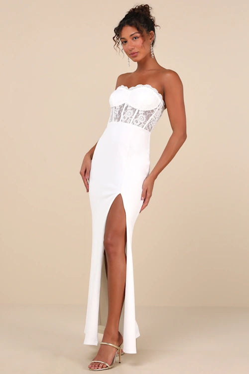 Sultry Persona White Lace Strapless Bustier Mermaid Maxi Dress